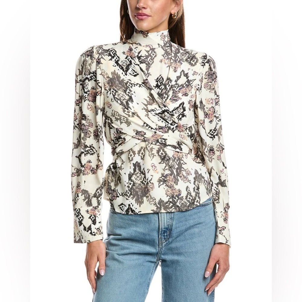 $375 IRO Women Ivory Sakari Printed Crisscross Turtleneck Size XS-S